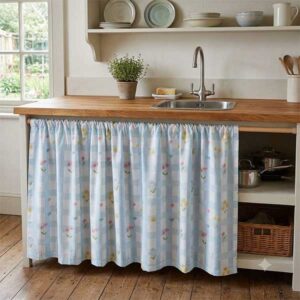 Handmade Blue Checkered & Floral Cotton Slub Curtain – Sheer Kitchen Curtain, Under Sink Curtain, Table Skirt & Half Window Curtain