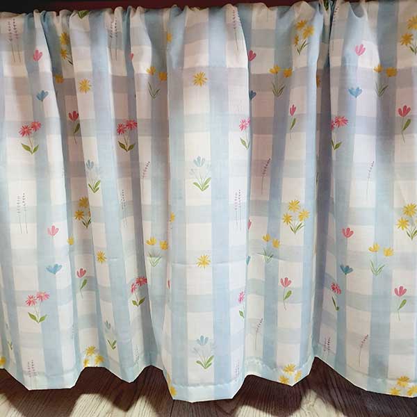 Handmade Blue Checkered & Floral Cotton Slub Curtain – Sheer Kitchen Curtain, Under Sink Curtain, Table Skirt & Half Window Curtain - Image 2