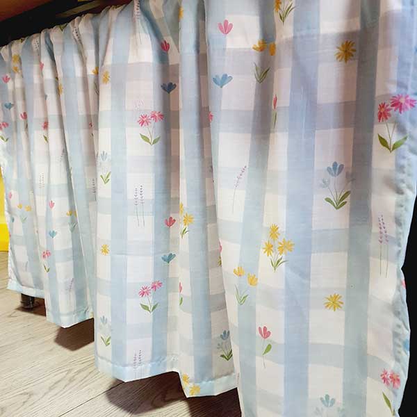 Handmade Blue Checkered & Floral Cotton Slub Curtain – Sheer Kitchen Curtain, Under Sink Curtain, Table Skirt & Half Window Curtain