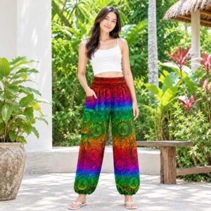 Unisex Thai Elephant Print Rayon Pants – Lightweight Boho Trousers with Elastic Waist and Cargo Pocket