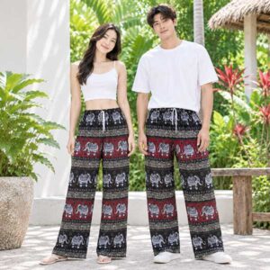 Unisex Thai Elephant Print Rayon Pants – Elastic Waist, Drawstring & Side Pocket