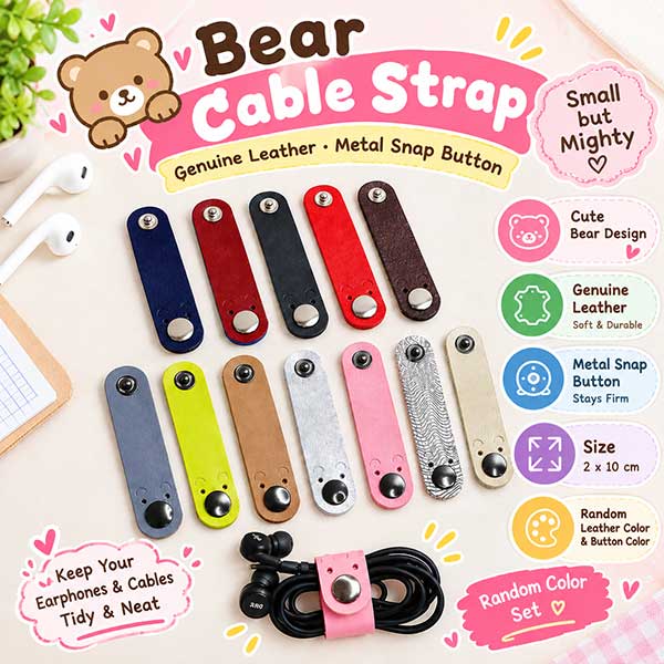 5/10 Pcs Cute Bear Genuine Leather Cable Straps – Earphone & Charging Cable Organizer, Assorted Colors (Copy)